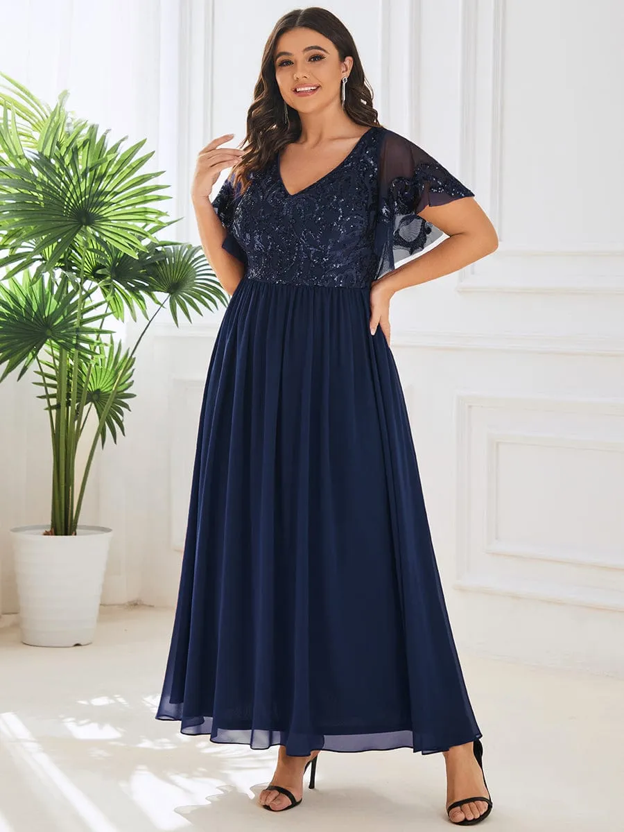 Elegant V-Neck Sequin A-Line Short Sleeves Chiffon Midi Formal Dress