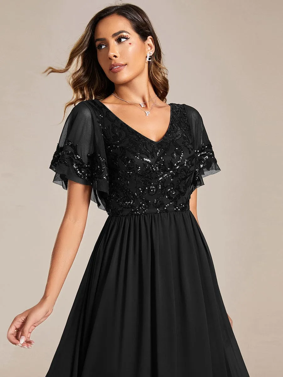 Elegant V-Neck Sequin A-Line Short Sleeves Chiffon Midi Formal Dress