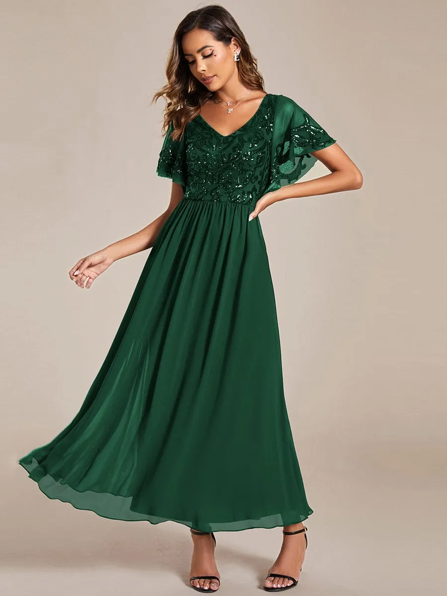 Elegant V-Neck Sequin A-Line Short Sleeves Chiffon Midi Formal Dress