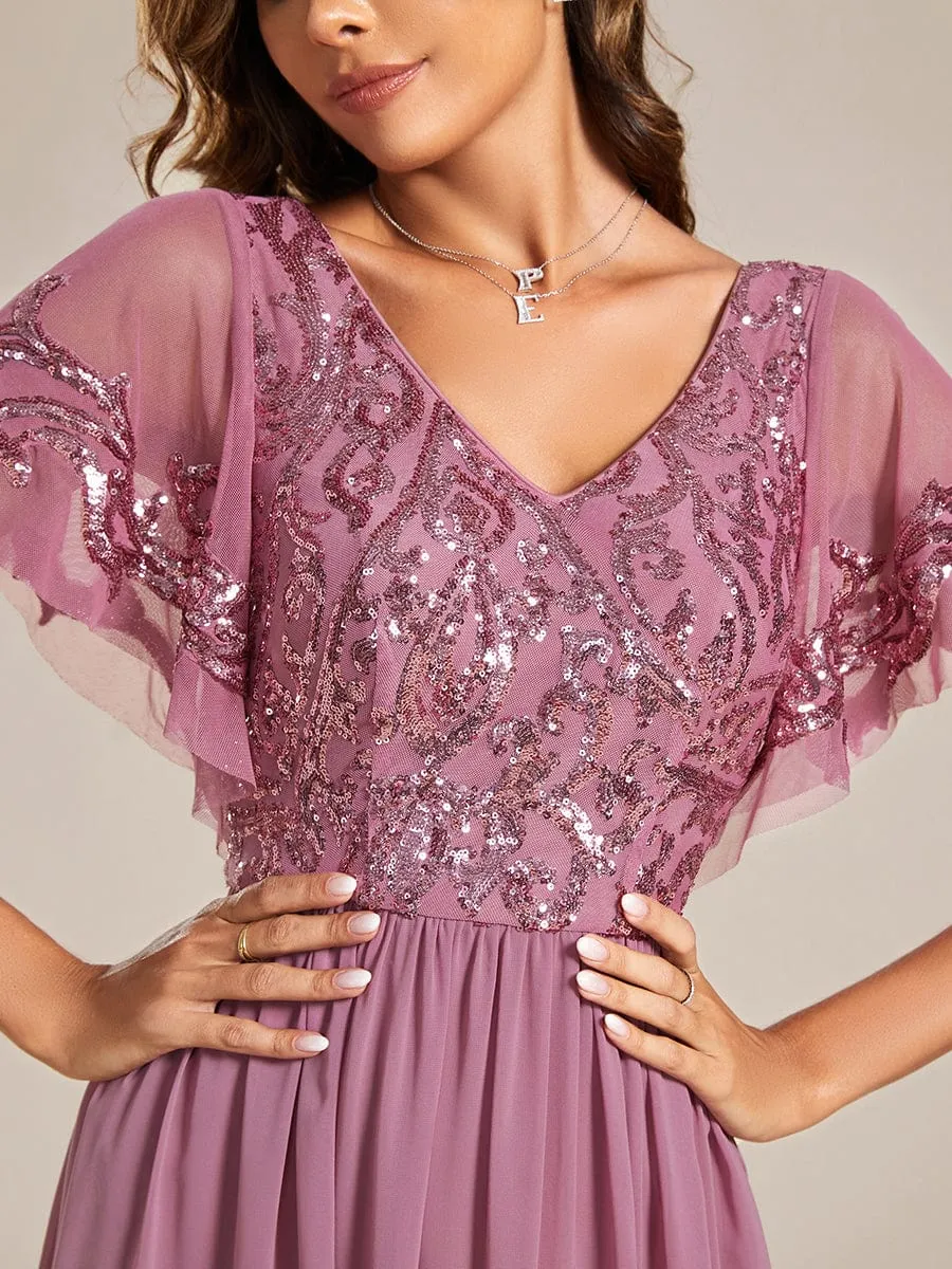 Elegant V-Neck Sequin A-Line Short Sleeves Chiffon Midi Formal Dress