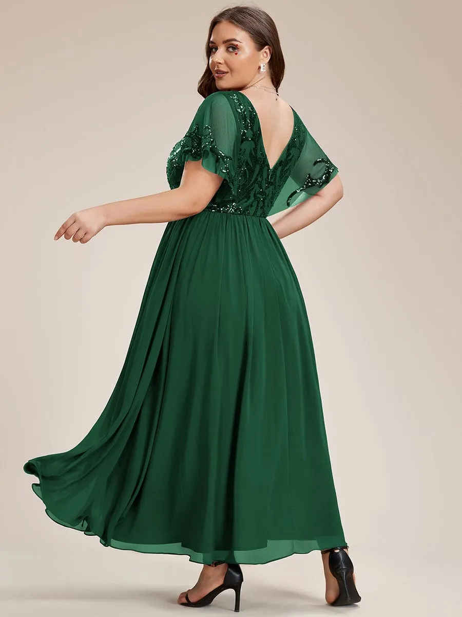 Elegant V-Neck Sequin A-Line Short Sleeves Chiffon Midi Formal Dress