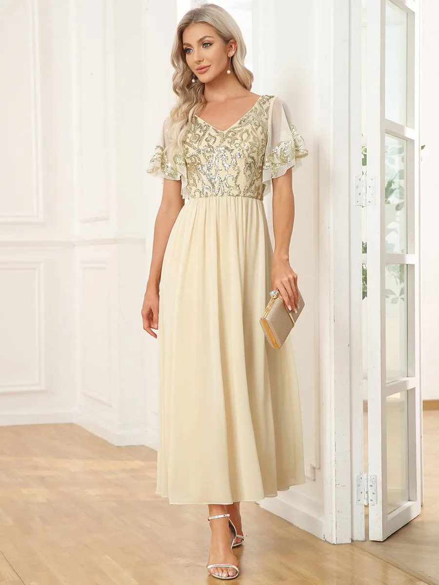 Elegant V-Neck Sequin A-Line Short Sleeves Chiffon Midi Formal Dress