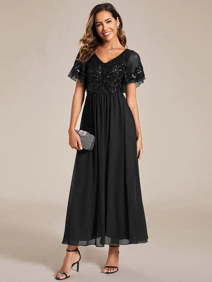 Elegant V-Neck Sequin A-Line Short Sleeves Chiffon Midi Formal Dress