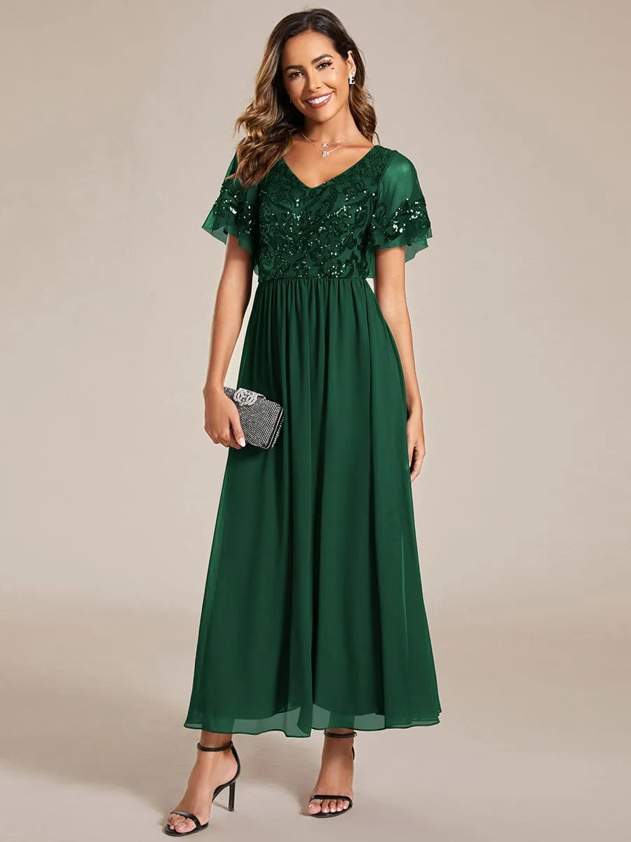 Elegant V-Neck Sequin A-Line Short Sleeves Chiffon Midi Formal Dress