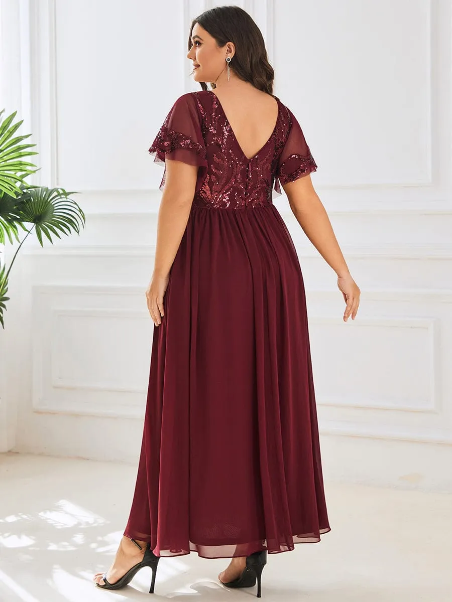 Elegant V-Neck Sequin A-Line Short Sleeves Chiffon Midi Formal Dress