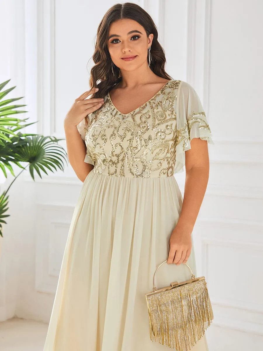 Elegant V-Neck Sequin A-Line Short Sleeves Chiffon Midi Formal Dress