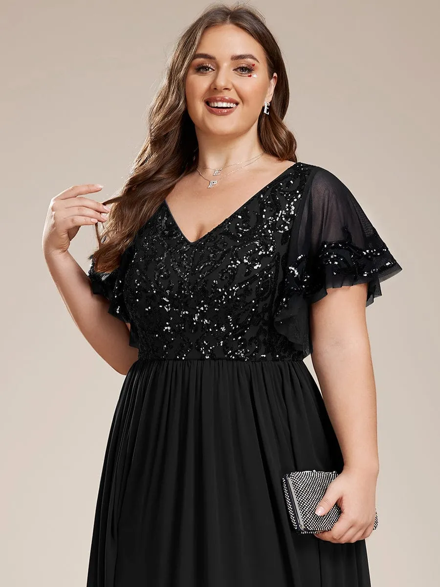 Elegant V-Neck Sequin A-Line Short Sleeves Chiffon Midi Formal Dress