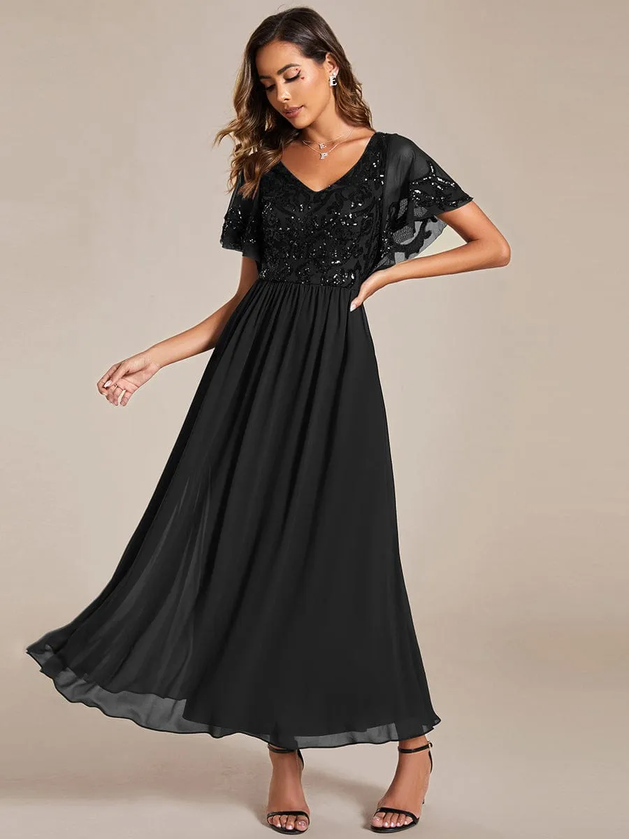 Elegant V-Neck Sequin A-Line Short Sleeves Chiffon Midi Formal Dress