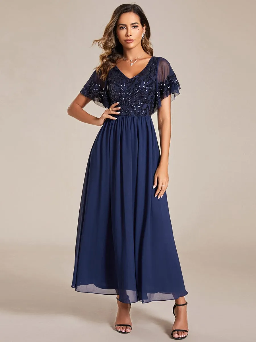 Elegant V-Neck Sequin A-Line Short Sleeves Chiffon Midi Formal Dress