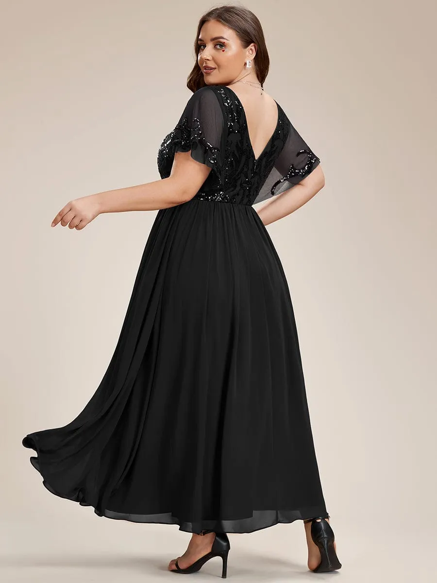 Elegant V-Neck Sequin A-Line Short Sleeves Chiffon Midi Formal Dress