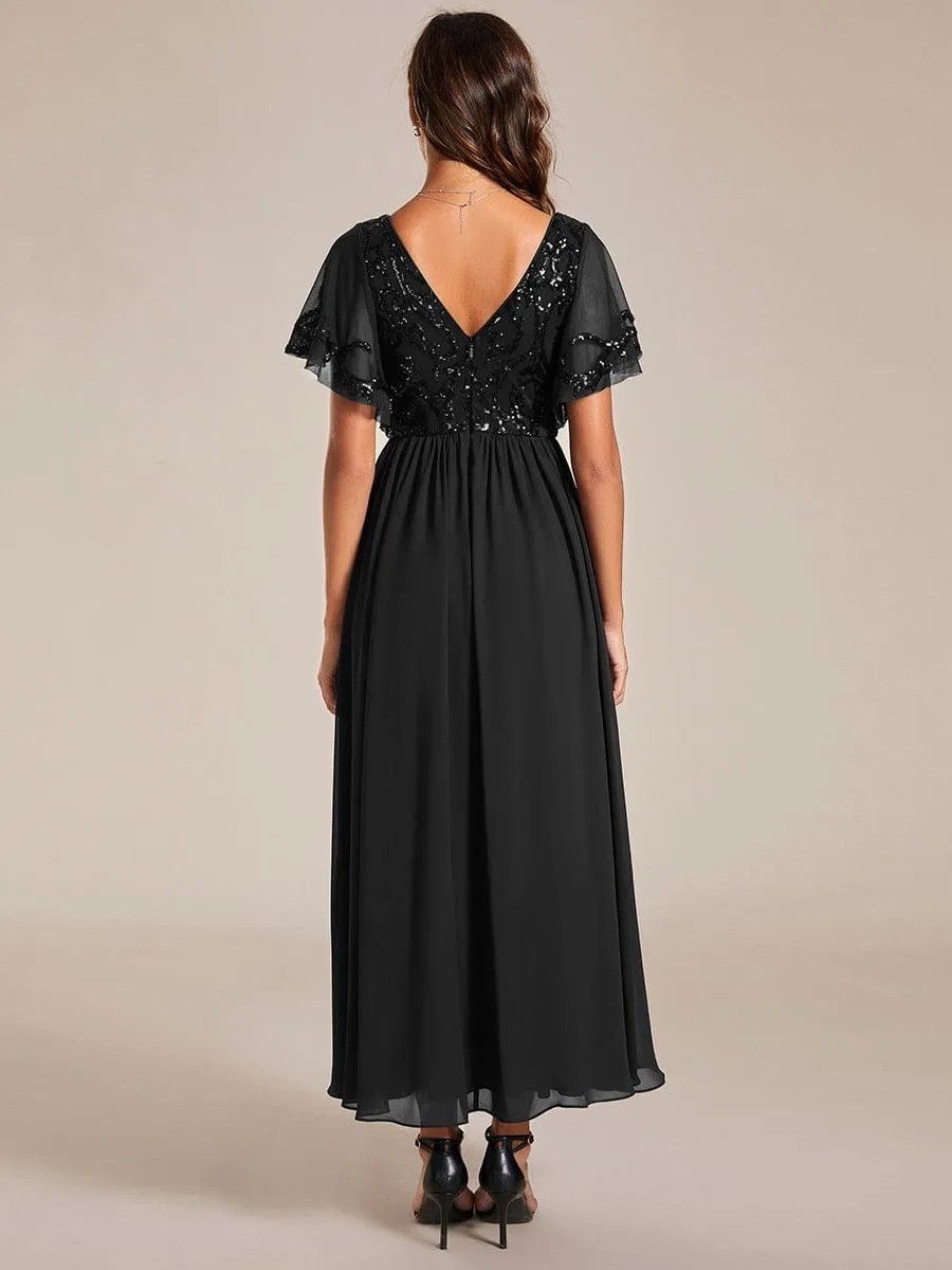 Elegant V-Neck Sequin A-Line Short Sleeves Chiffon Midi Formal Dress