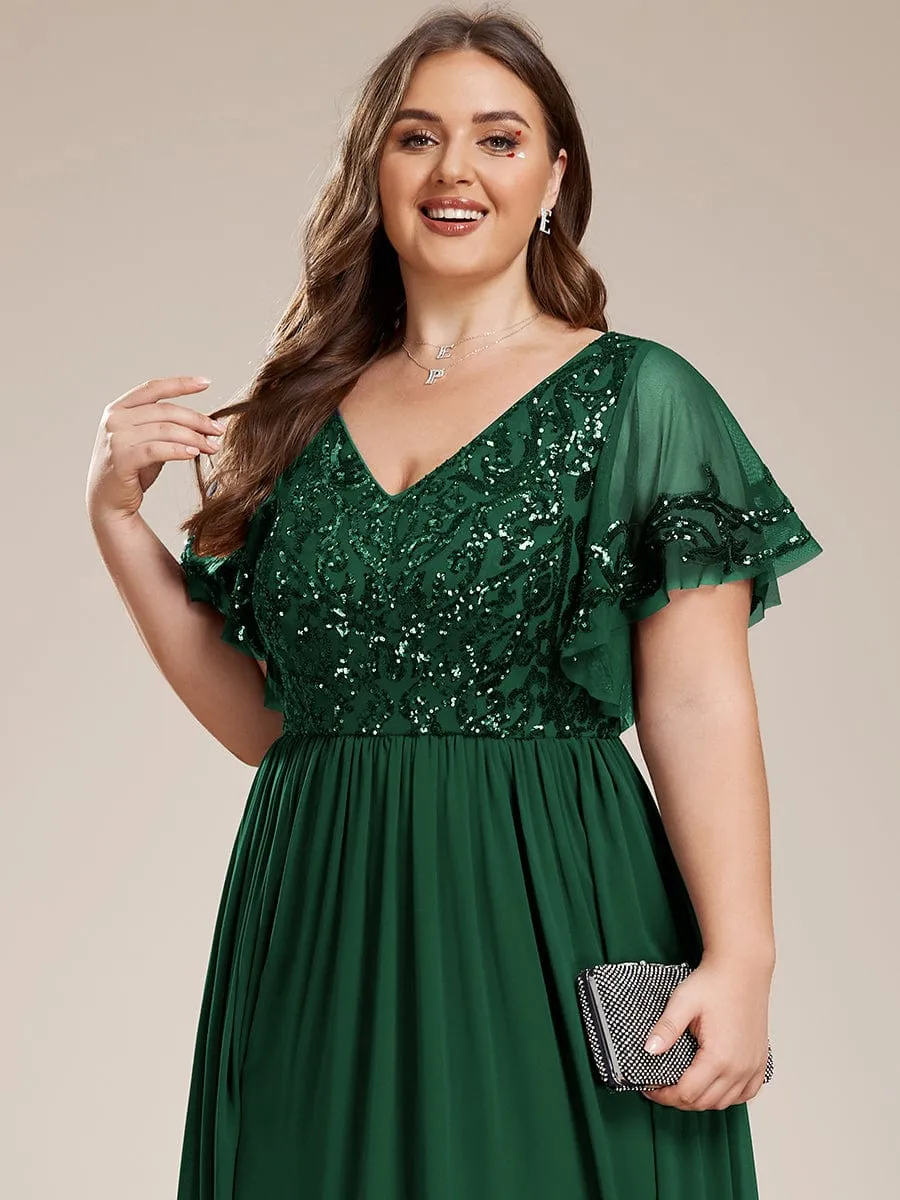 Elegant V-Neck Sequin A-Line Short Sleeves Chiffon Midi Formal Dress