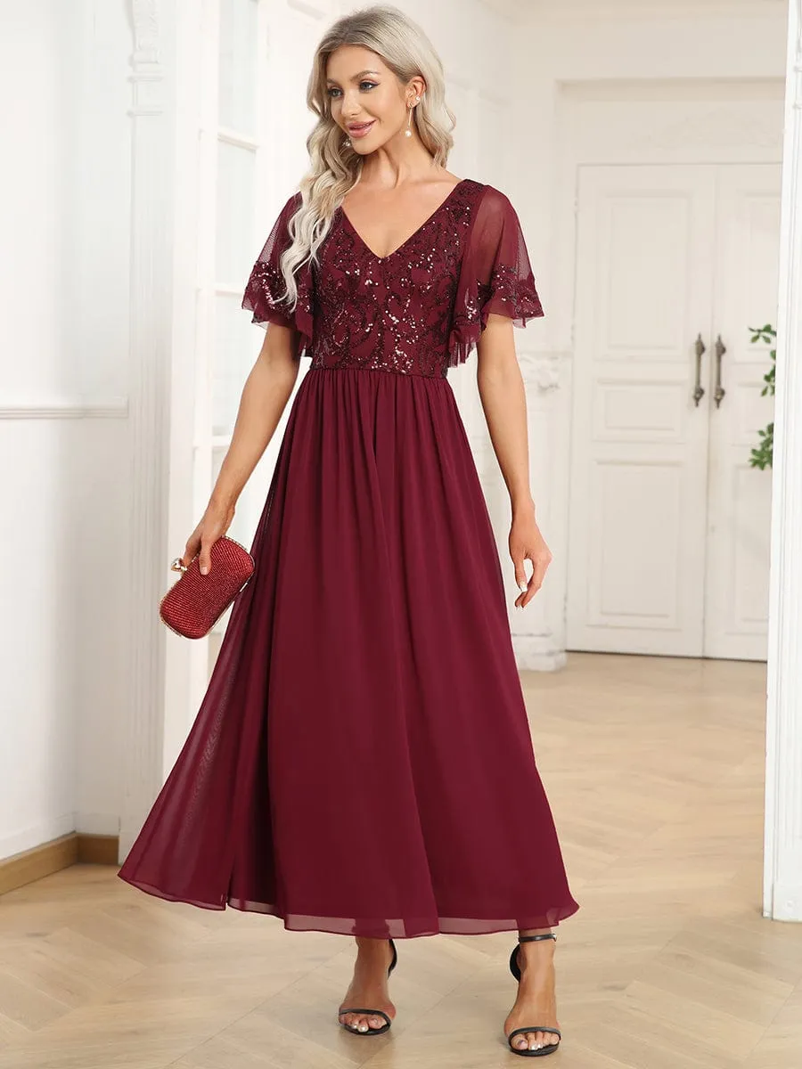 Elegant V-Neck Sequin A-Line Short Sleeves Chiffon Midi Formal Dress