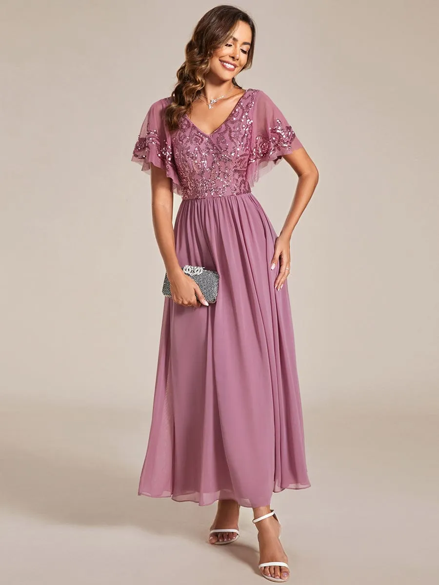 Elegant V-Neck Sequin A-Line Short Sleeves Chiffon Midi Formal Dress