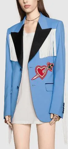 Embroidered Jacket with Fringe in Blue