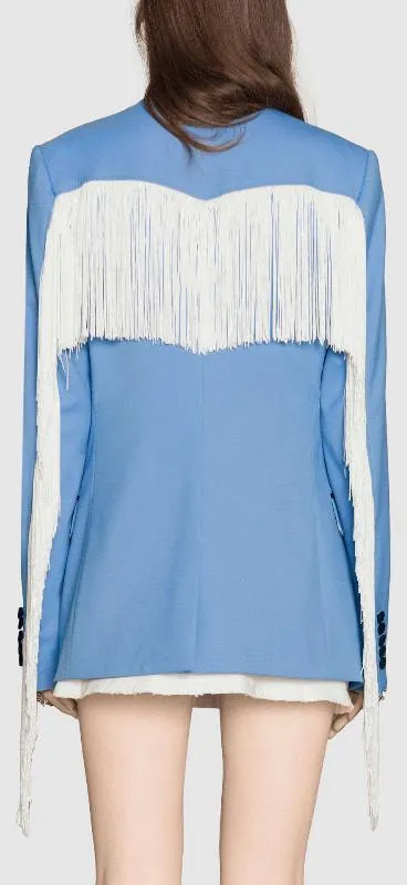 Embroidered Jacket with Fringe in Blue