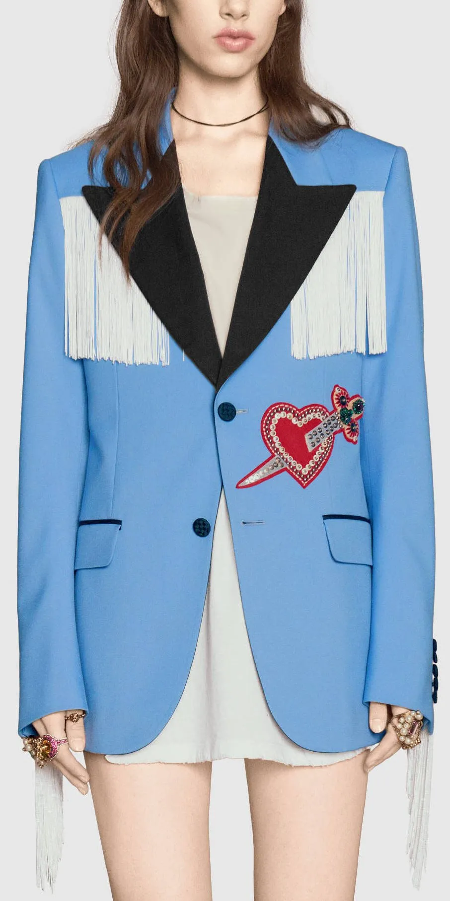 Embroidered Jacket with Fringe in Blue