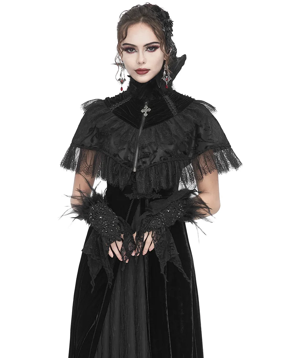 Eva Lady Dark Devore Baroque Gothic Feathered Velvet Shrug Cape