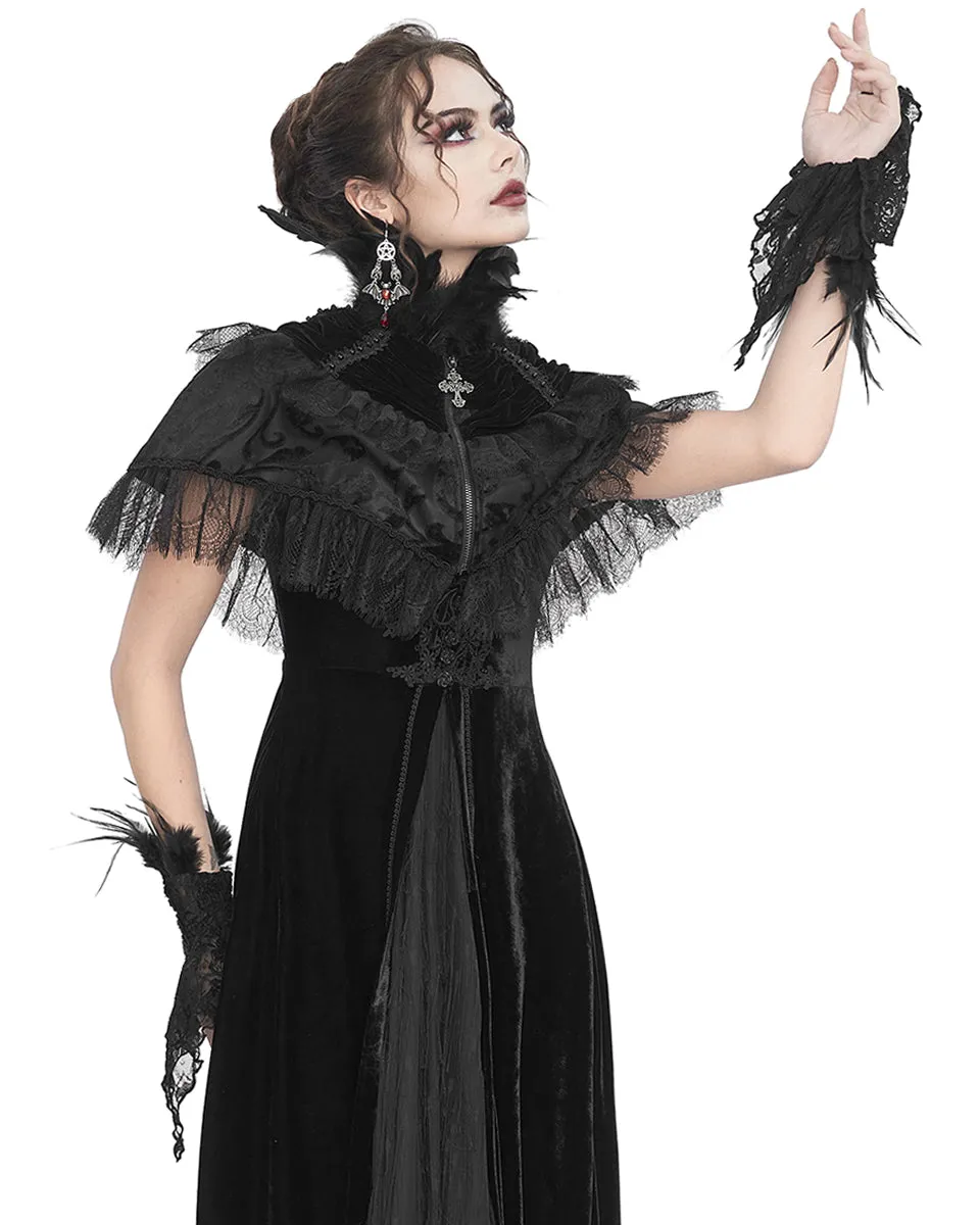 Eva Lady Dark Devore Baroque Gothic Feathered Velvet Shrug Cape