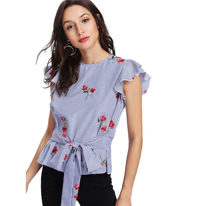 FLORAL STRIPED SASH TIE TOP