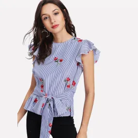 FLORAL STRIPED SASH TIE TOP