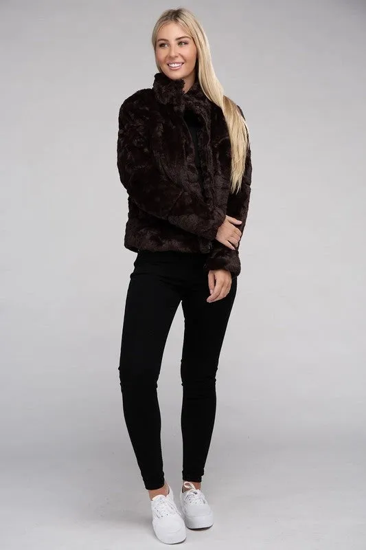 Fluffy Zip-Up Sweater Jacket Chocolate