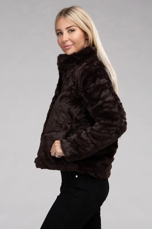 Fluffy Zip-Up Sweater Jacket Chocolate