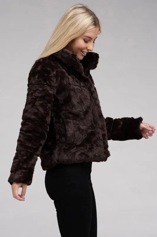 Fluffy Zip-Up Sweater Jacket Chocolate