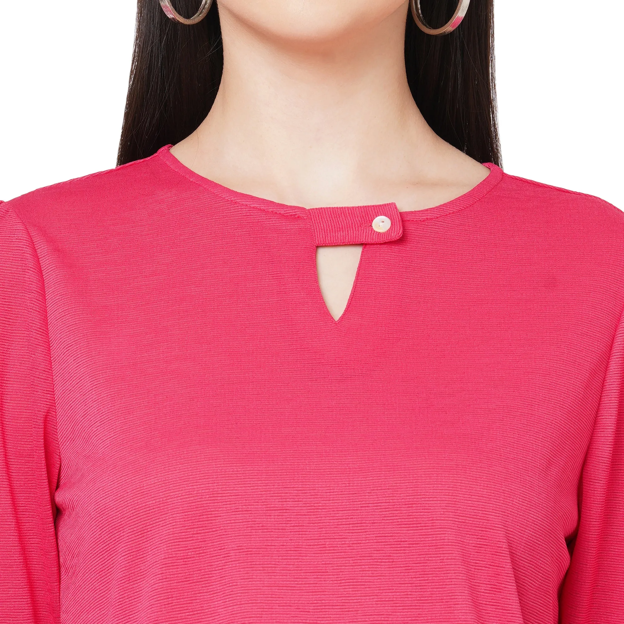 Fuscia Solid Top With Half Sleeves And Key Hole Neck For Women