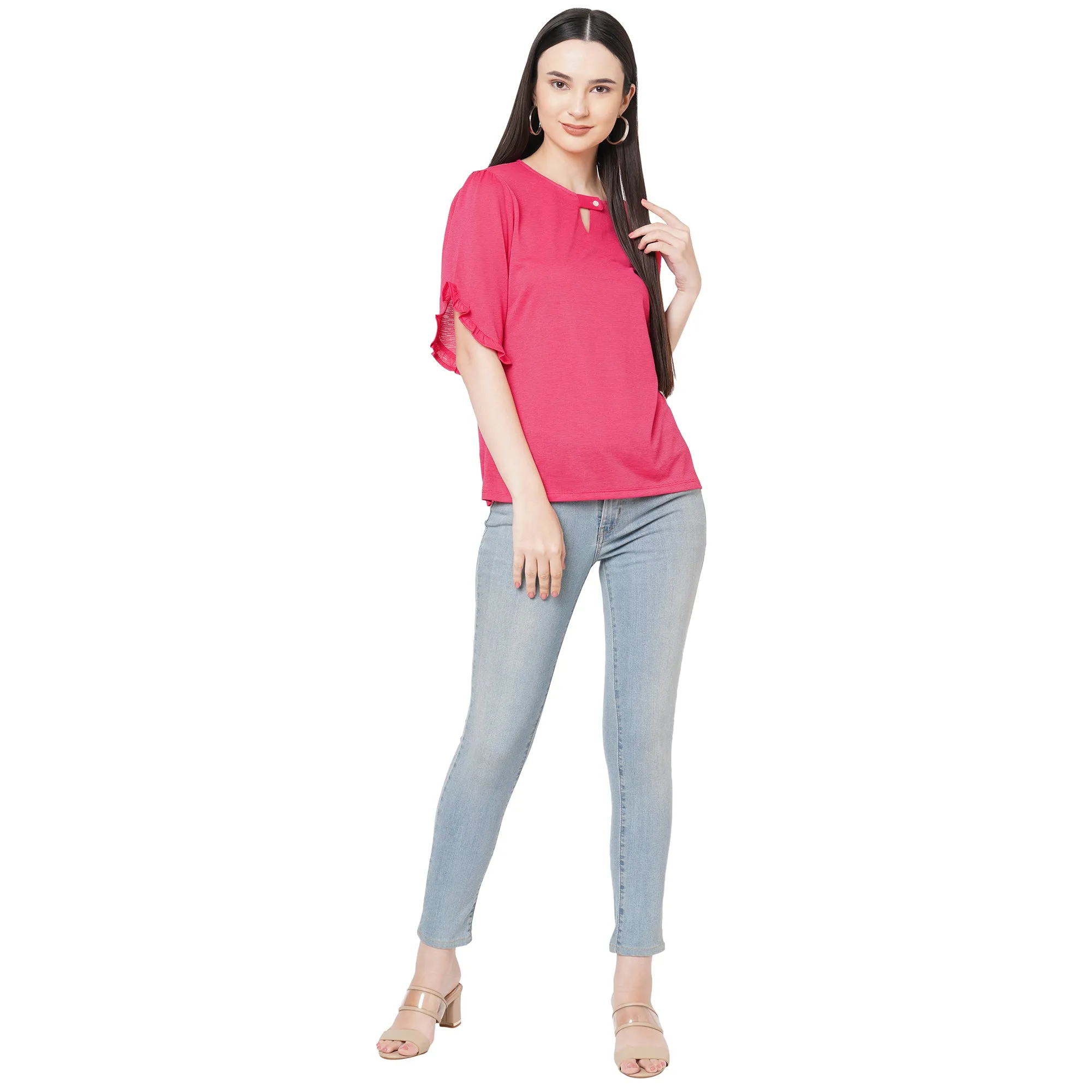 Fuscia Solid Top With Half Sleeves And Key Hole Neck For Women