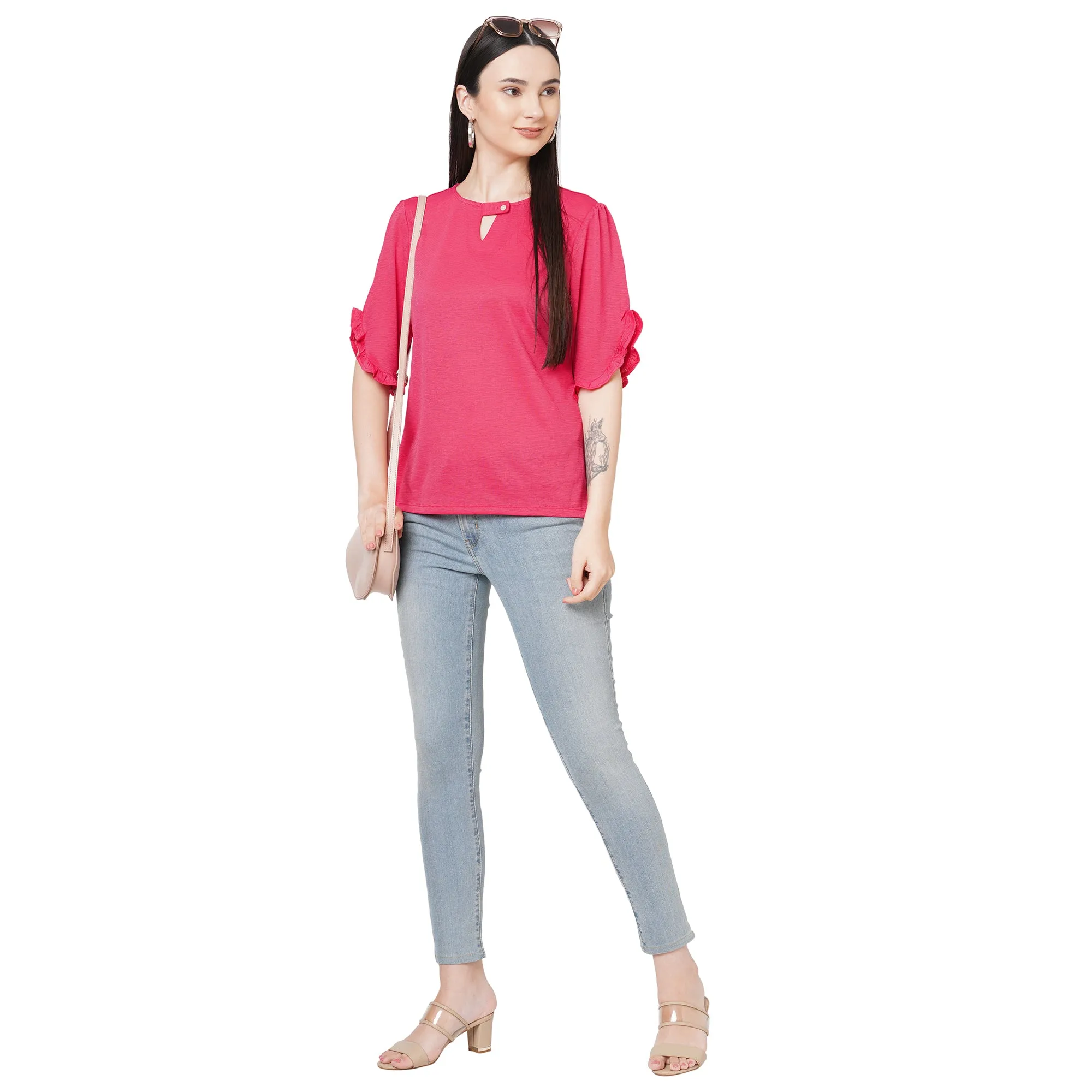 Fuscia Solid Top With Half Sleeves And Key Hole Neck For Women