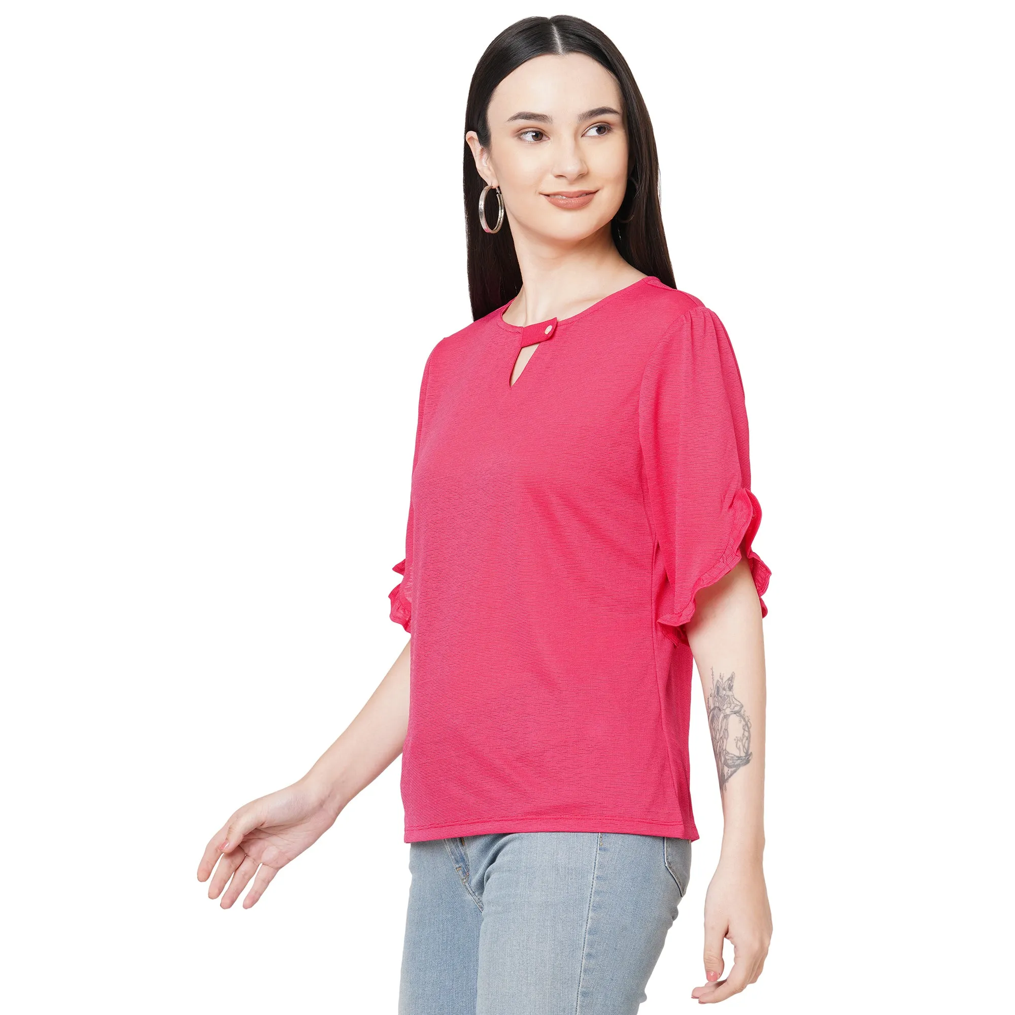 Fuscia Solid Top With Half Sleeves And Key Hole Neck For Women