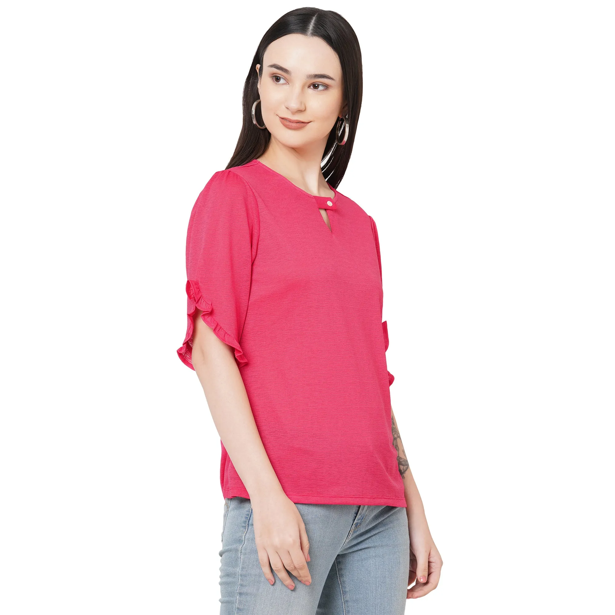 Fuscia Solid Top With Half Sleeves And Key Hole Neck For Women