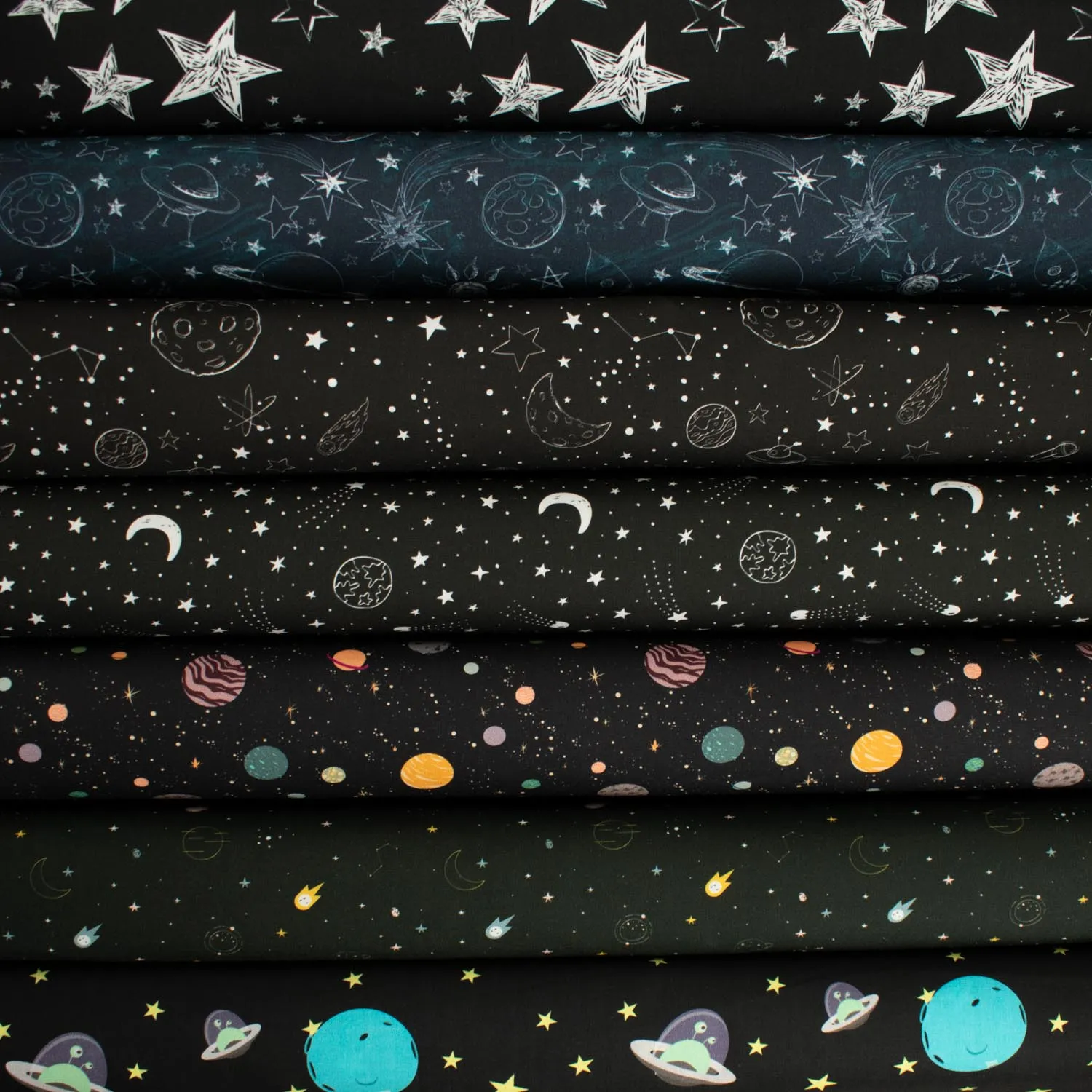 Galaxy Collection #01 White Sketch Planets & UFO on Black Cotton Prints