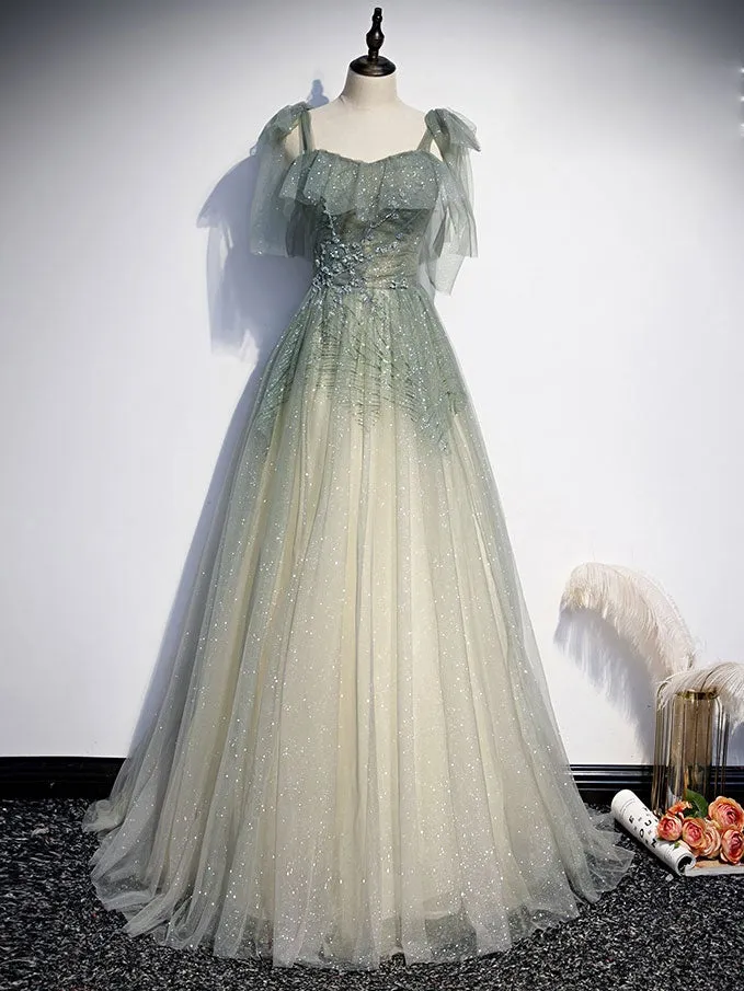 Green tulle sequin beads long prom dress, green tulle formal dress