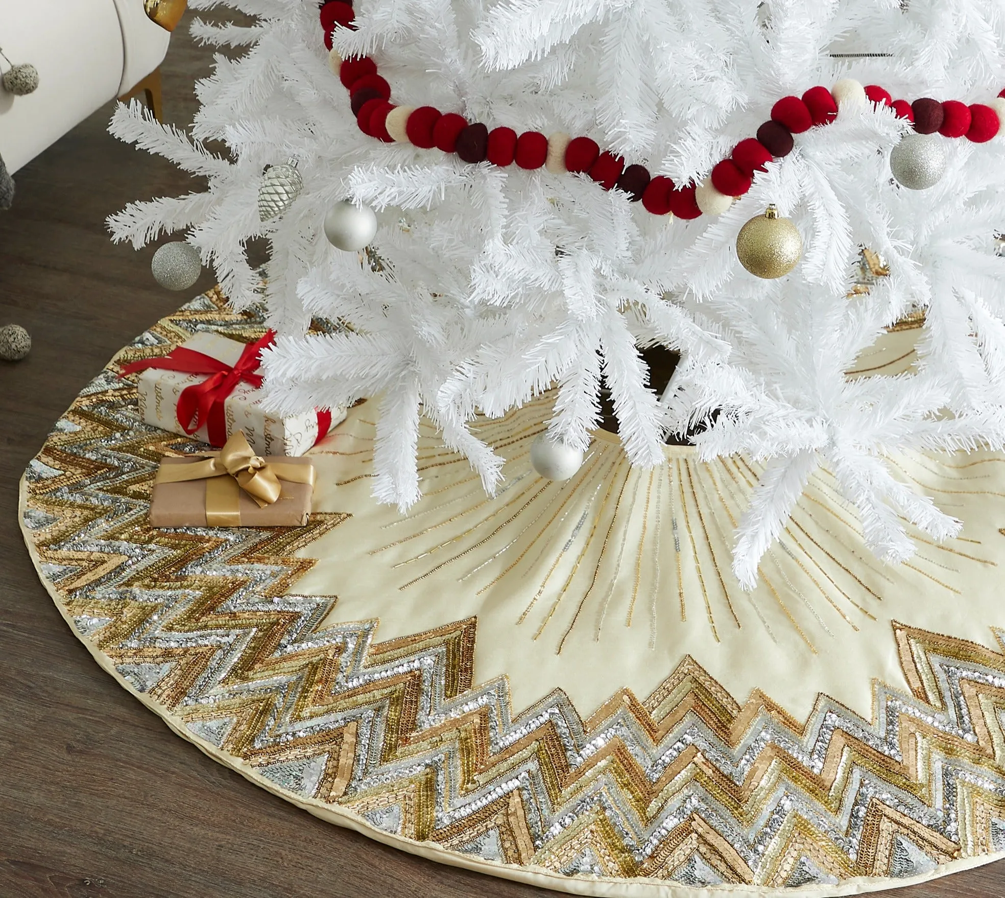 Handmade Christmas Tree Skirt - Hand Beaded Metallic Starburst on French Vanilla Silk- 60"/72"