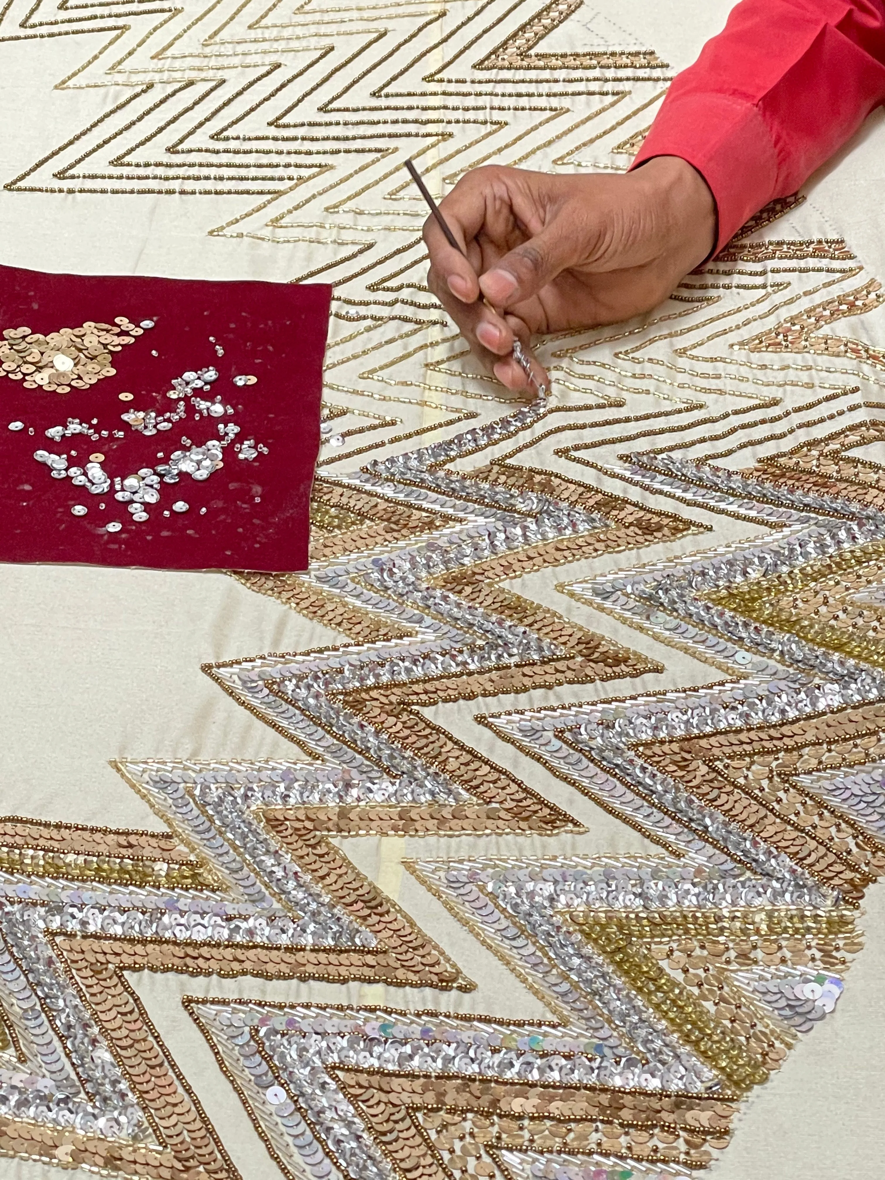 Handmade Christmas Tree Skirt - Hand Beaded Metallic Starburst on French Vanilla Silk- 60"/72"