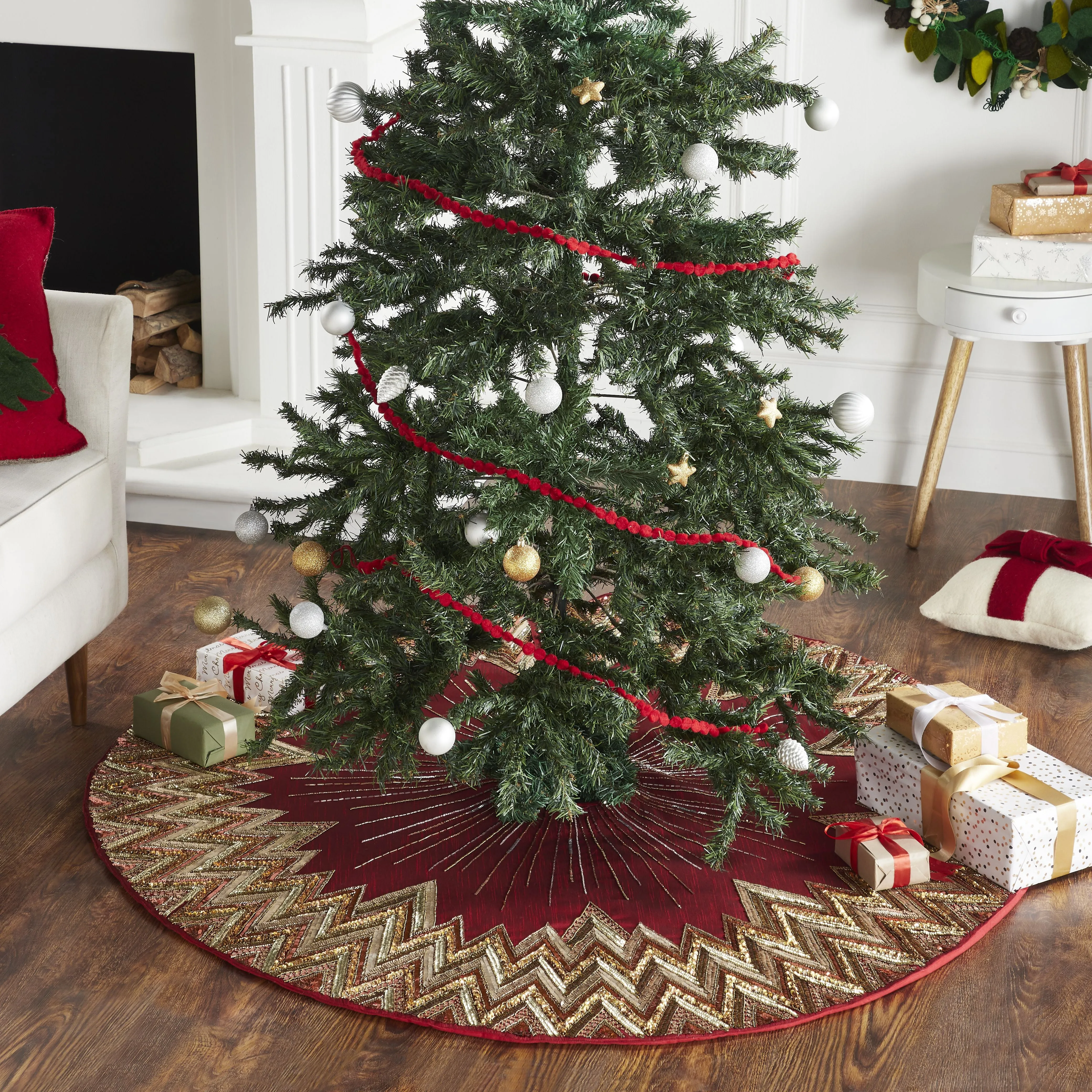 Handmade Christmas Tree Skirt - Hand Beaded Metallic Starburst on Garnet Red- 60"