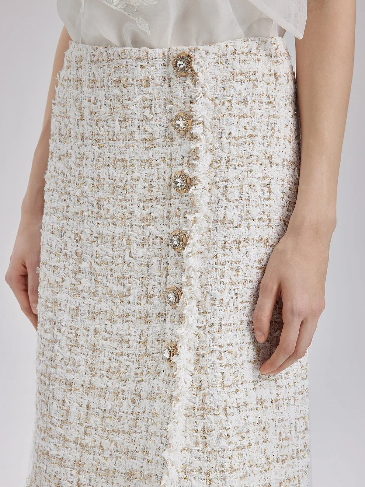 Heavy Beaded Raw-edge Tweed Skirt