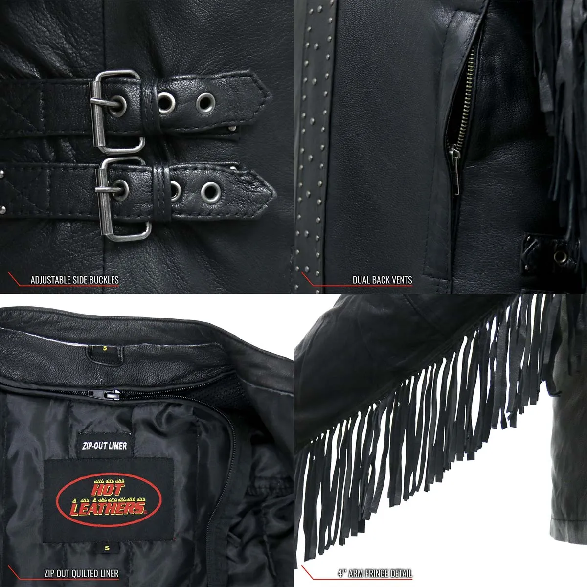 Hot Leathers JKL1028 Studs and Fringe Ladies Black Carry Conceal Leather Jacket