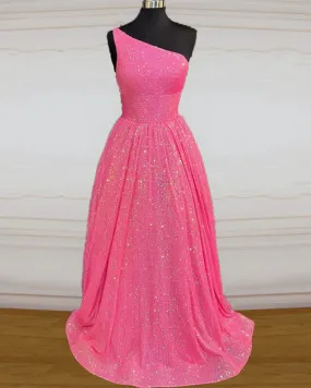 Hot Pink Sequin Prom Dress One Shoulder Glitter Evening Dresses