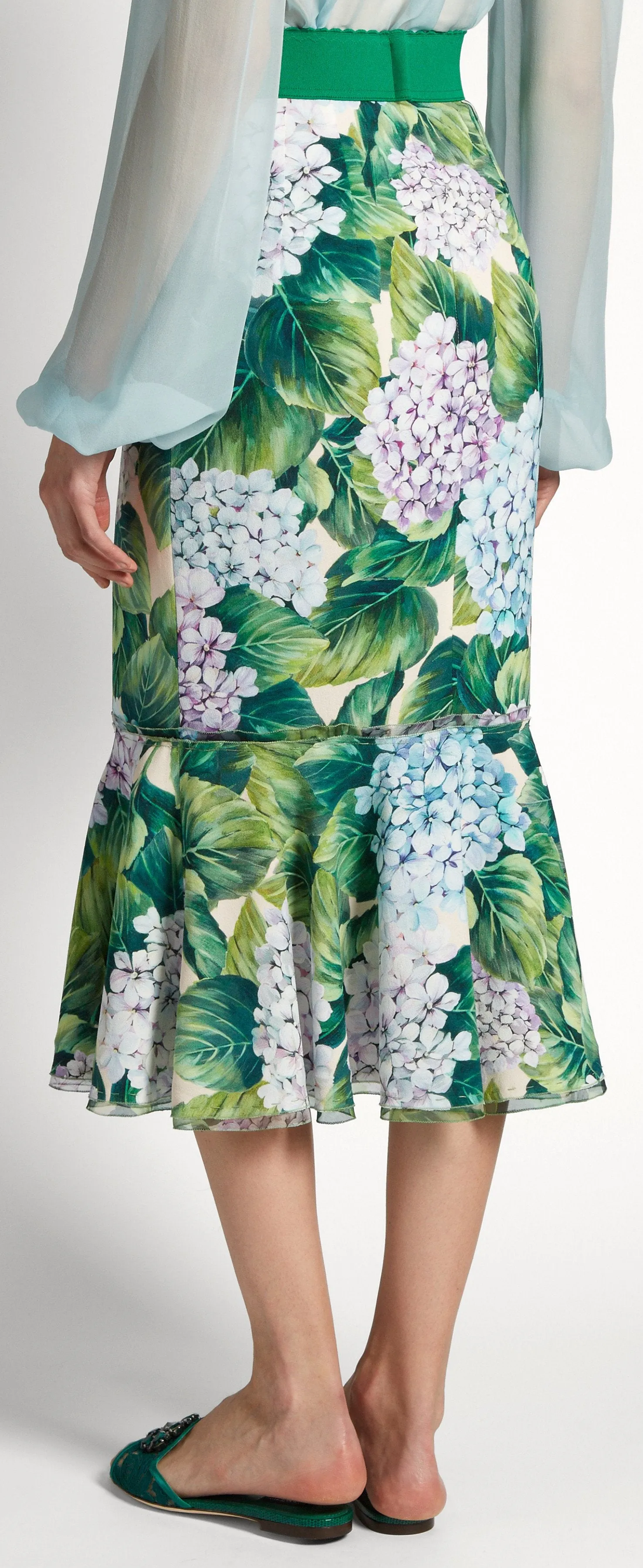 Hydrangea-Print Ruffled-Hem Cady Skirt