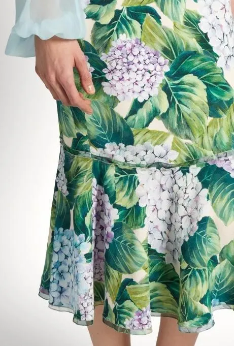 Hydrangea-Print Ruffled-Hem Cady Skirt