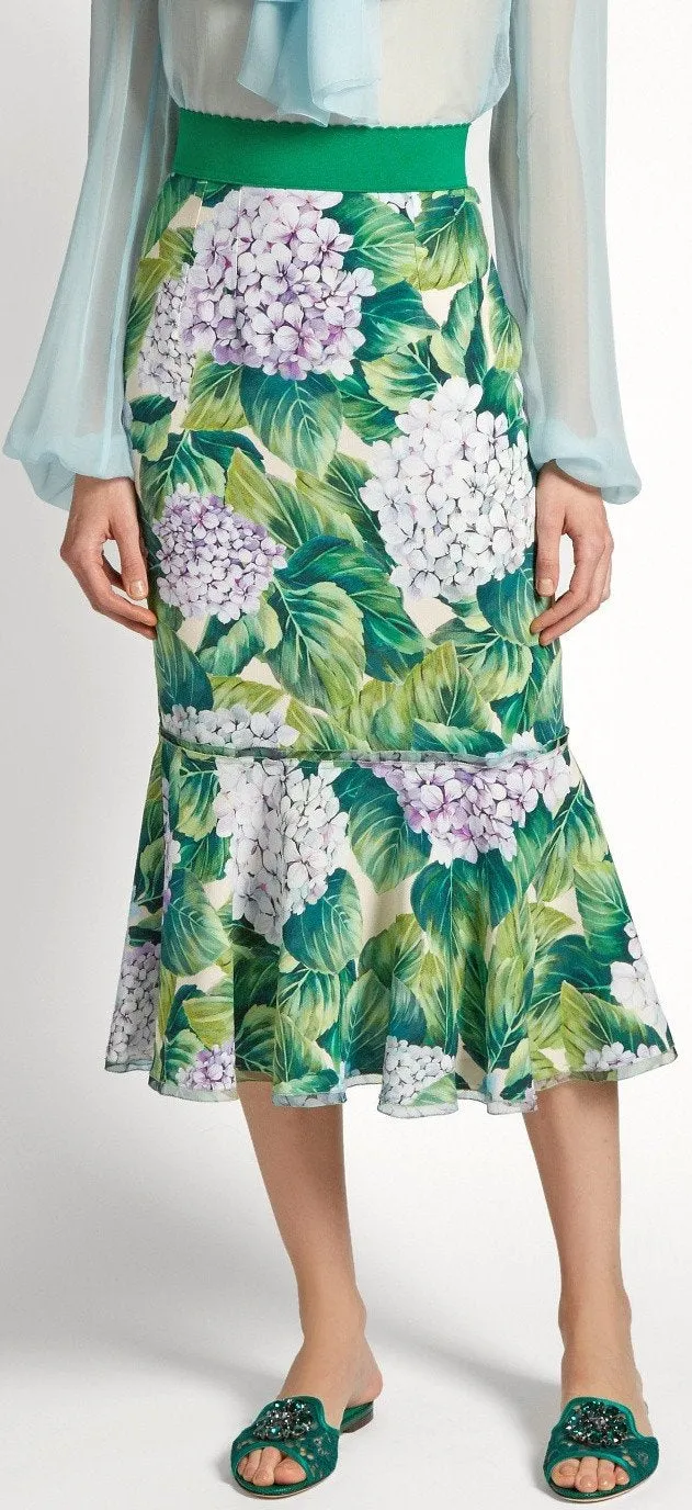 Hydrangea-Print Ruffled-Hem Cady Skirt