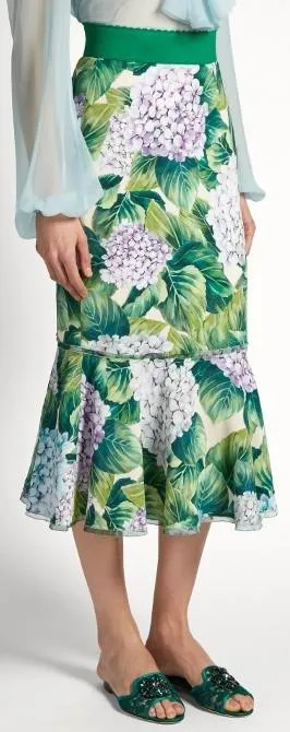 Hydrangea-Print Ruffled-Hem Cady Skirt