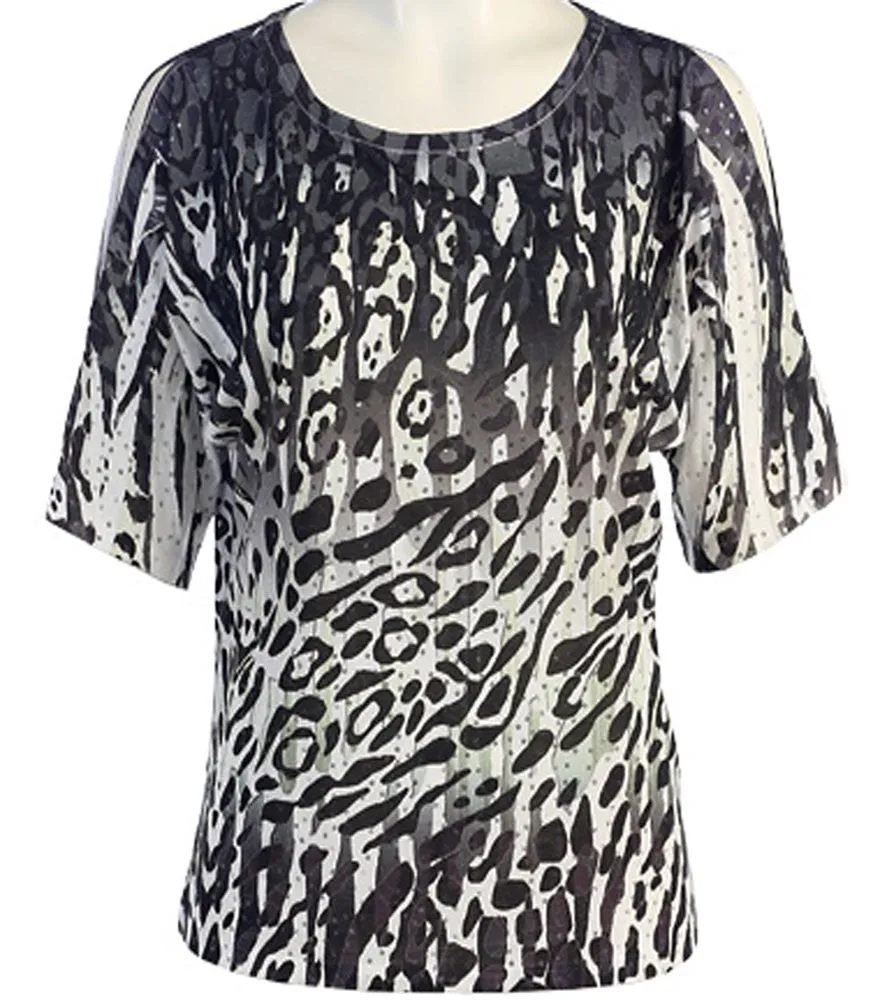 Jess & Jane - Black Cheetah, Peek-a-Boo, Cold Shoulder, Scoop Neck, Sequined Top