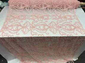 Light Pink Embroidered Bridal Design Beaded Mesh Lace Fabric