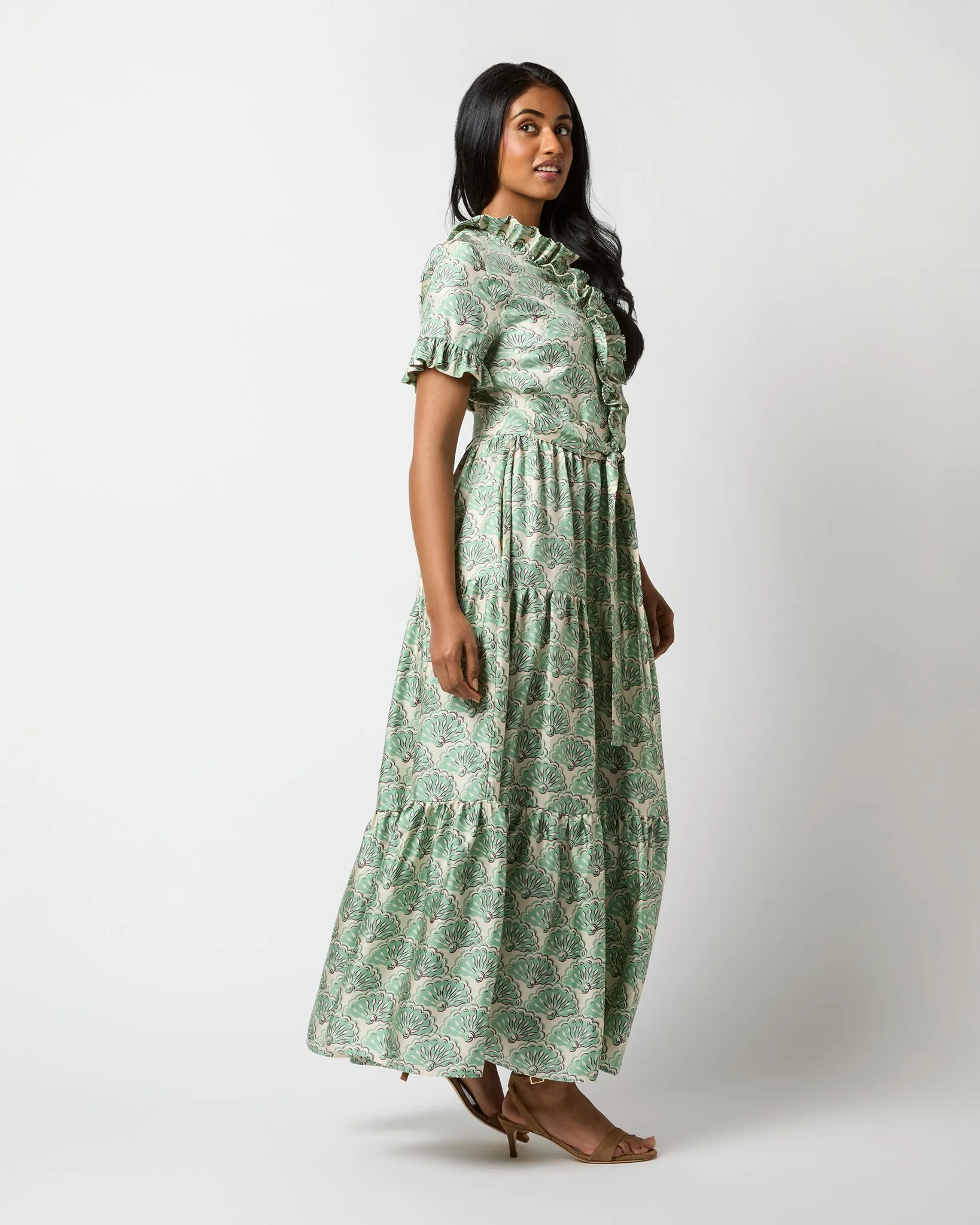 Long & Sassy Dress in Mint Fans Silk Twill