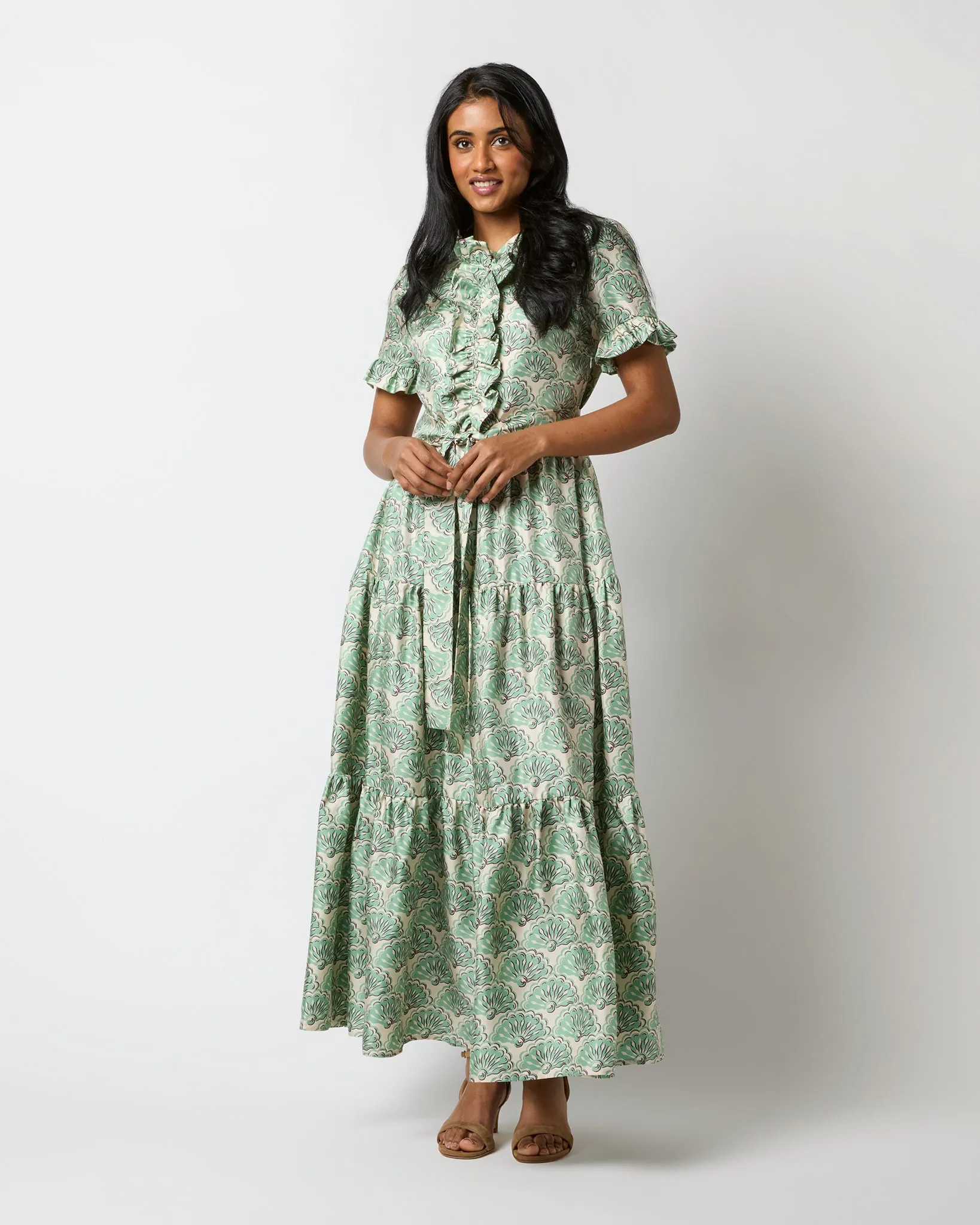 Long & Sassy Dress in Mint Fans Silk Twill