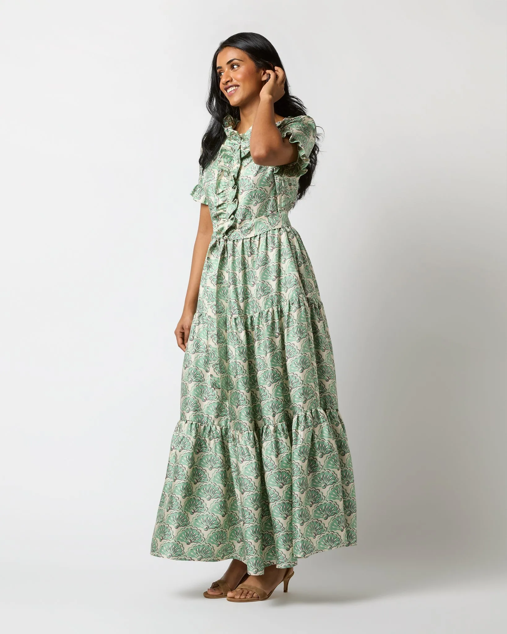 Long & Sassy Dress in Mint Fans Silk Twill